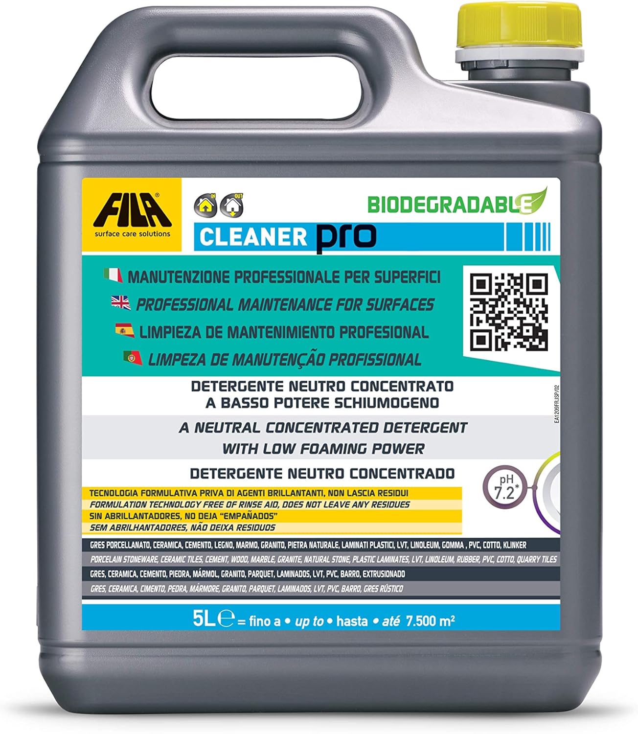 FILA Surface Care Solutions, CLEANER PRO, Detergente Universale per Pavimenti, Altamente Concentrato. Ideale per Gres Porcellanato. Adatto a Macchina Lavasciuga, 5L