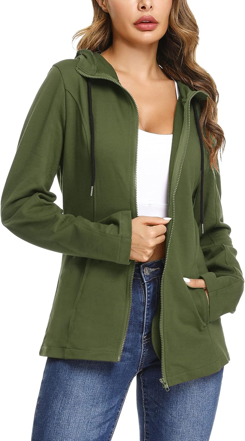 Aottori Felpa Donna con Cappuccio e Zip Giacca Sportiva Leggero Hoodie Cotone Manica Lunga Sweatshirt Aperto con Tasche e Cerniera Felpe Casual Classico Primavera Autunno Verde Militare M
