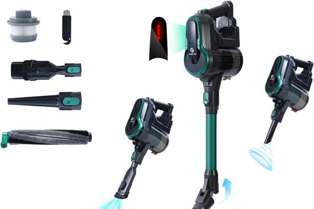 FixtFixer Aspirapolvere Senza Fili Potenza 30000Pa,Scopa Elettrica Senza Fili in Piedi da Sola,Autonomia 55 Minuti Dust Cup Grande 0,9L,Filtro HEPA,Aspiratore senza sacco 6 in 1 Verde