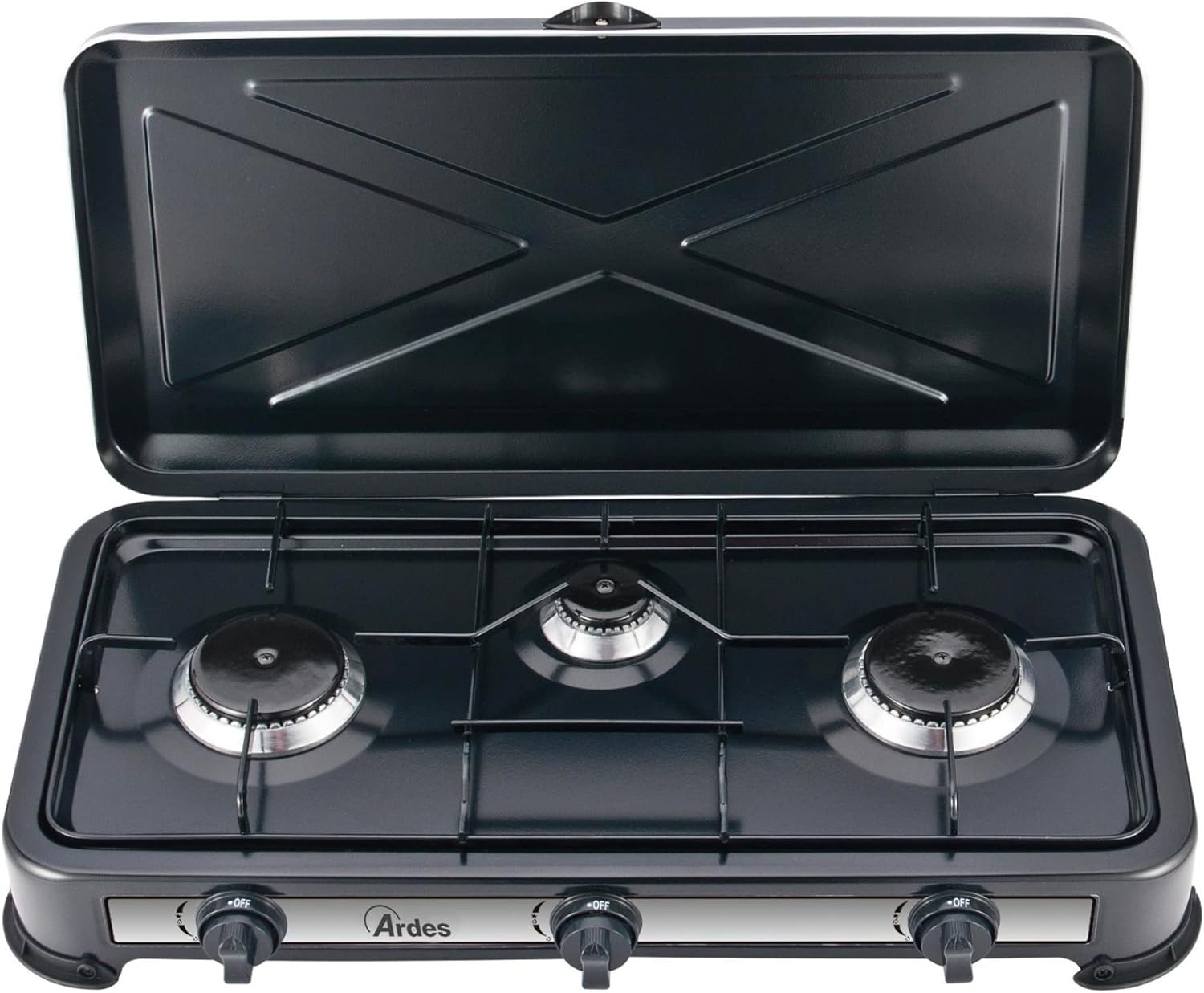 ARDES | AR1FG03 Fornello a Gas da Esterno GPL Cucina a Gas Portatile per Campeggio 3 Fuochi Con Coperchio In Acciaio Verniciato Nero - Classe di efficienza energetica A+++