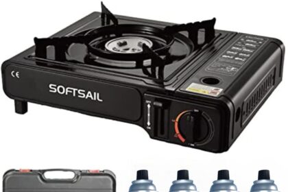 Fornello a gas con valigetta e 4 cartucce, robusto fornello da campeggio, regolabile in modo continuo con accensione piezoelettrica a 1 luce, cartuccia a gas compatta, fornello da campeggio