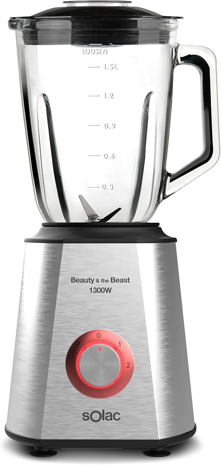 Solac - Frullatore Beauty and the Beast, 1300 W, Caraffa in vetro da 1,5L, Lavabile in lavastoviglie, 2 velocità con TURBO, Robot da cucina professionale a 6 lame, Tritaghiaccio, Acciaio inox