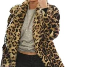 IQYU Giacca da donna in pelliccia sintetica leopardata, giacca in pelliccia sintetica con gnocchi, cappotto in pelliccia trench, caldo, parka