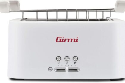 Girmi TP91 Tostapane Xl, 1500 W, Pinze Inox extra-lunghe, Raccogli briciole, 3 funzioni di 6 livelli di cottura, Spegnimento automatico