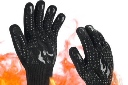 BAIWANT Guanti da Barbecue, Resistenza al Calore Fino a 800℃/1472℉, Silicone Guanti da Forno, Antiscivolo Guanti Anticalore Guanti Lgnifughi per Griglia, Cucina, Cottura, Microonde (Nero)