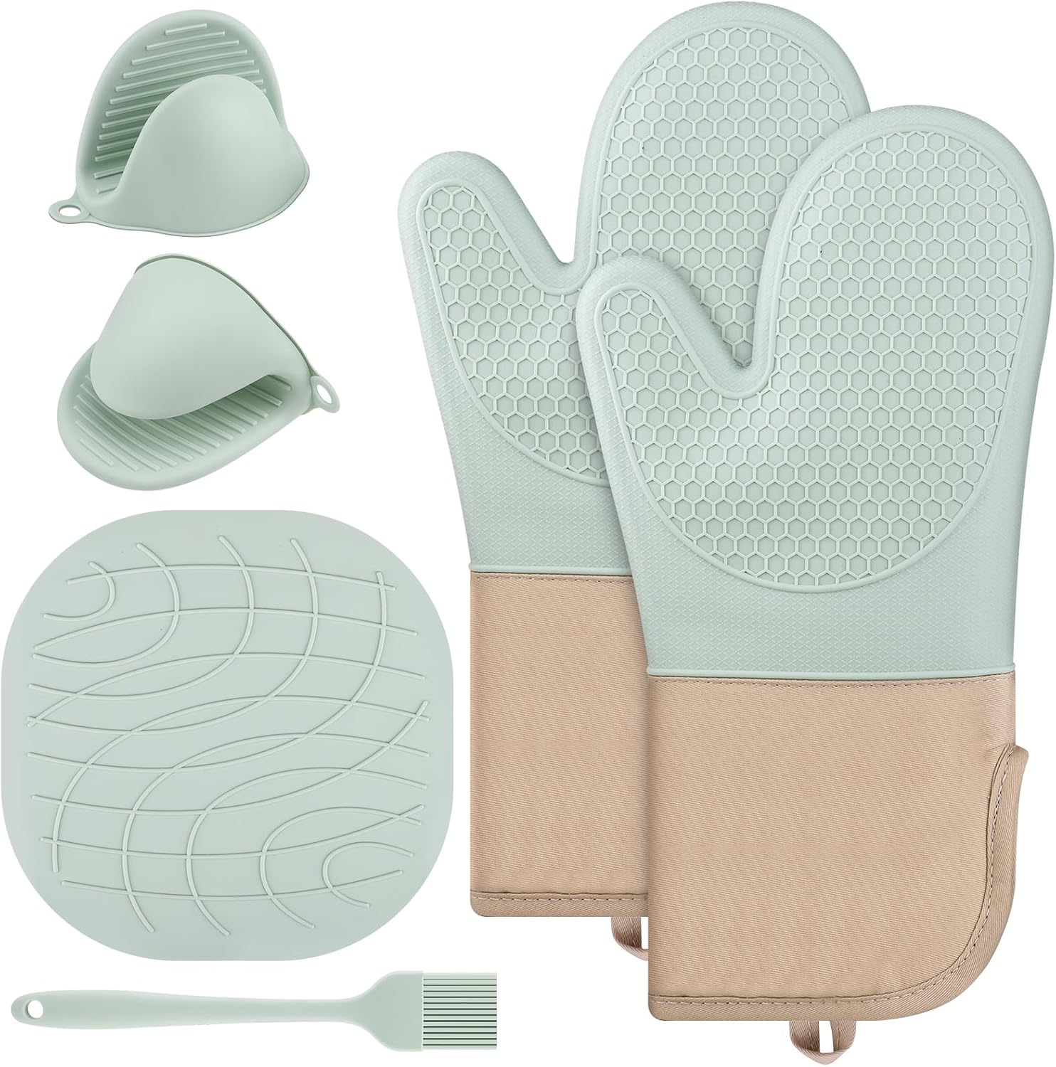 Guanti da forno in silicone,set di guanti da cucina, Set di 6 Guanti da Cucina Silicone Resistente al Calore Guanti da Cucina Adatti per Cucinare Cuocere e Grigliare (Verde Menta)