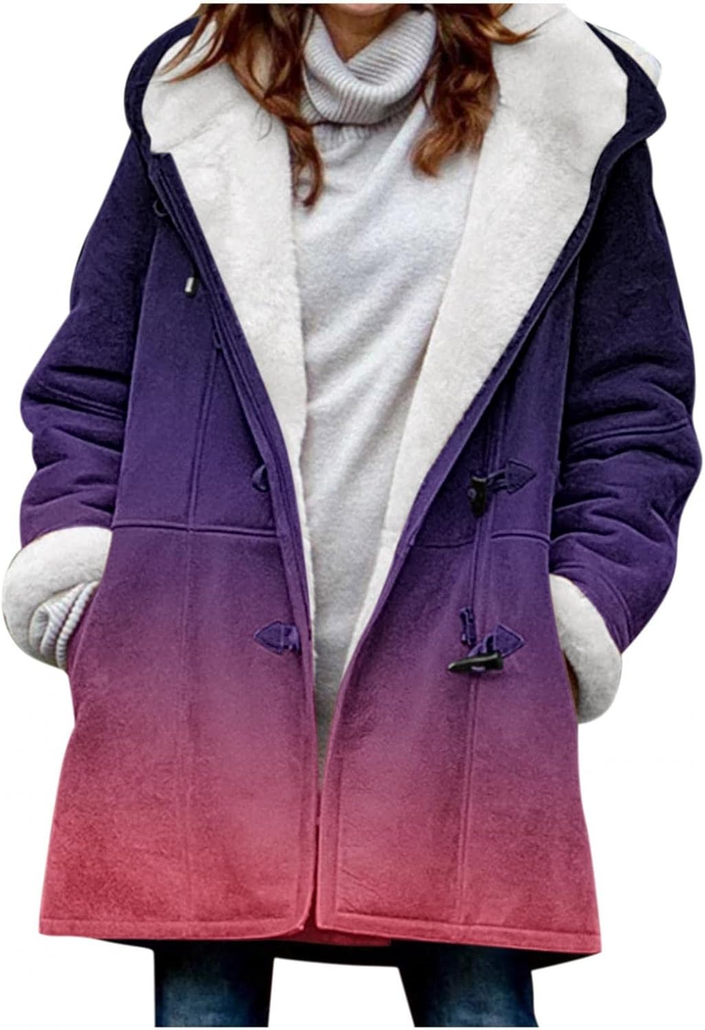 HHWY Giacca da donna lunga con cappuccio, giacca invernale calda foderata in pile Fuzzy, per il tempo libero, con tasche, giacca leggera per attività all'aperto, per la montagna, taglia grande