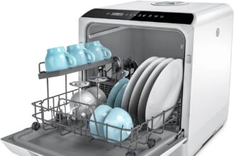 Hermitlux Lavastoviglie piccola con 4 Coperti, 6 Programmi lavastoviglie mini, Controllo touch, utilizzabile in Campeggio, Cucina, Ufficio, Bianco