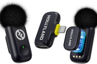 Hollyland LARK A1 Mini Duo - Mini microfono wireless per iPhone 14/13/12 (2 TX + Lightning RX), microfono magnetico per YouTube, TikTok, podcast, vlogging (Nero, Senza Custodia di Ricarica)