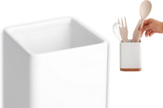 KOOK TIME Portautensili Cucina - Porta Mestoli Moderno in Ceramica e Bambù, Barattolo Quadrato - Contenitore per Utensili da Cucina 10,5 x 10,5 x 15 cm (Bianco Portautensili)