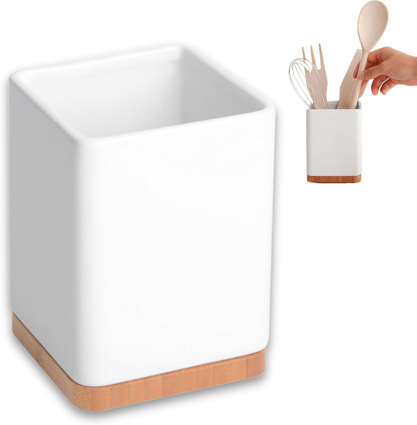 KOOK TIME Portautensili Cucina - Porta Mestoli Moderno in Ceramica e Bambù, Barattolo Quadrato - Contenitore per Utensili da Cucina 10,5 x 10,5 x 15 cm (Bianco Portautensili)