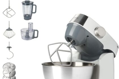 Kenwood KHC29.H0WH Impastatrice Planetaria Prospero+, Ciotola in acciaio da 4,3L, Robot da 1,4L con 3 dischi, Spremiagrumi, Frullatore da 1,2L, 1000W, Bianco