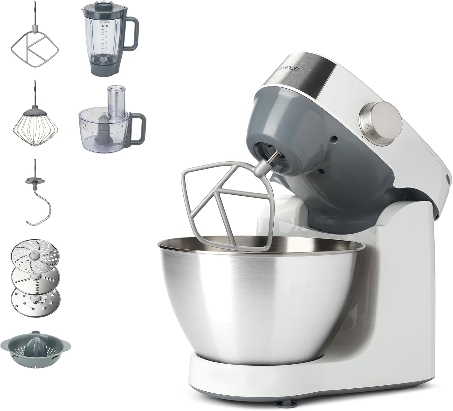 Kenwood KHC29.H0WH Impastatrice Planetaria Prospero+, Ciotola in acciaio da 4,3L, Robot da 1,4L con 3 dischi, Spremiagrumi, Frullatore da 1,2L, 1000W, Bianco
