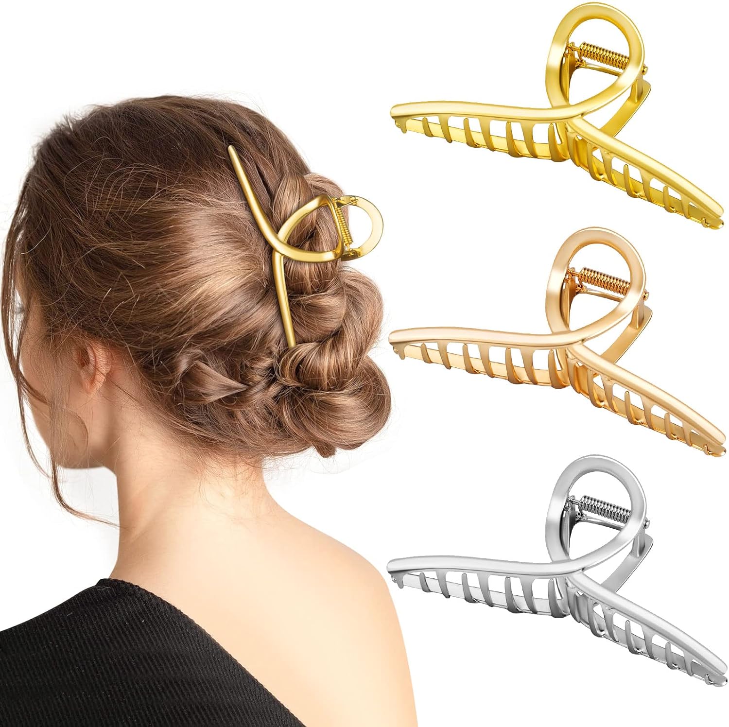 Kiiwah 3 Pezzi Pinze per Capelli in Metallo, Grande Mollettoni Artiglio per Capelli in Oro, Argento, Oro Rosa, Accessori Capelli per Donne e Ragazze Capelli Spessi Parrucchieri