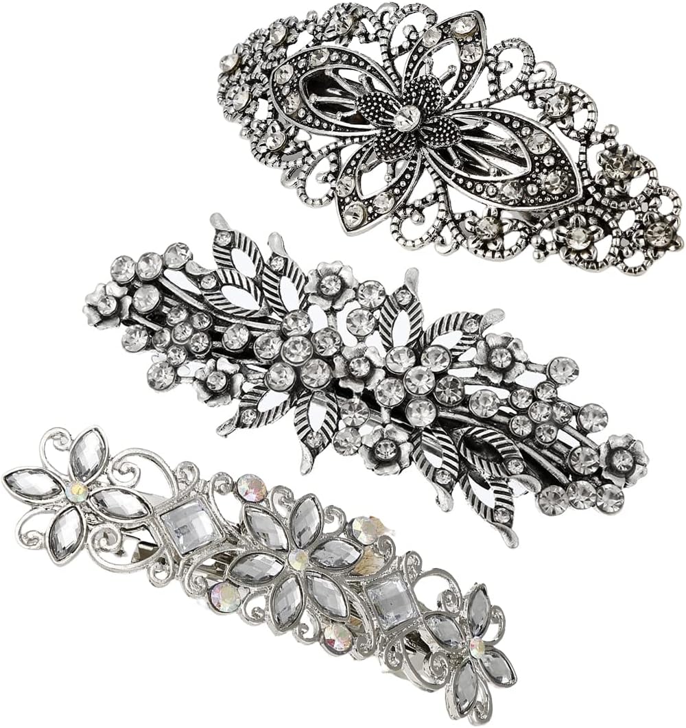 LEEQ Francesi per Capelli Francese in Metallo Fermagli in Cristallo Antico con Strass per Capelli Vintage Barrette Forcine per Capelli Gioielli Accessori per Capelli per Ragazze Donne(3 Pezzi)