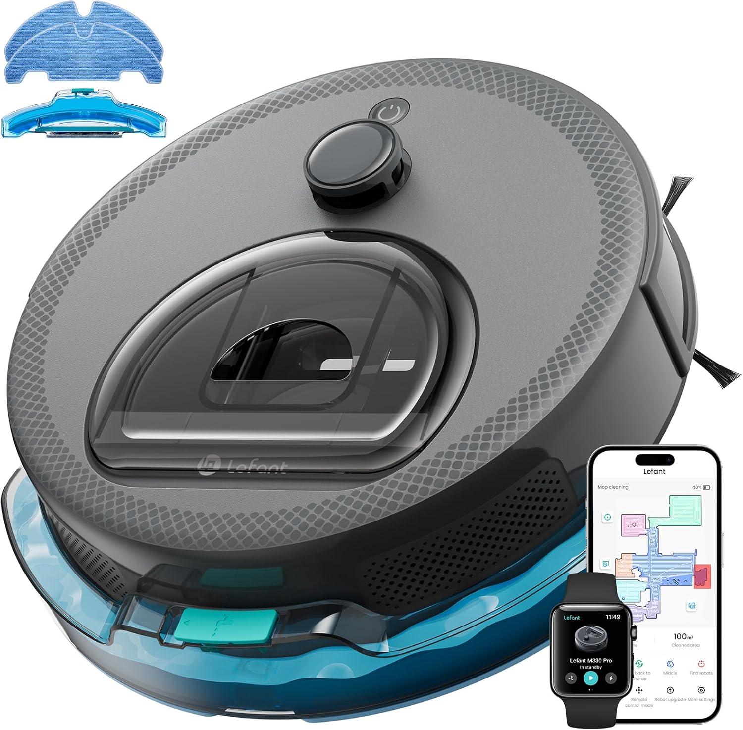 LEFANT M330Pro Robot Aspirapolvere Lavapavimenti con Mappatura, Navigazione dToF, Zona vietata, Evitamento ostacoli PSD, Aspirazione 5000Pa, 150 minuti, Pulizia programmata, Alexa/APP/WiFi, Grigio