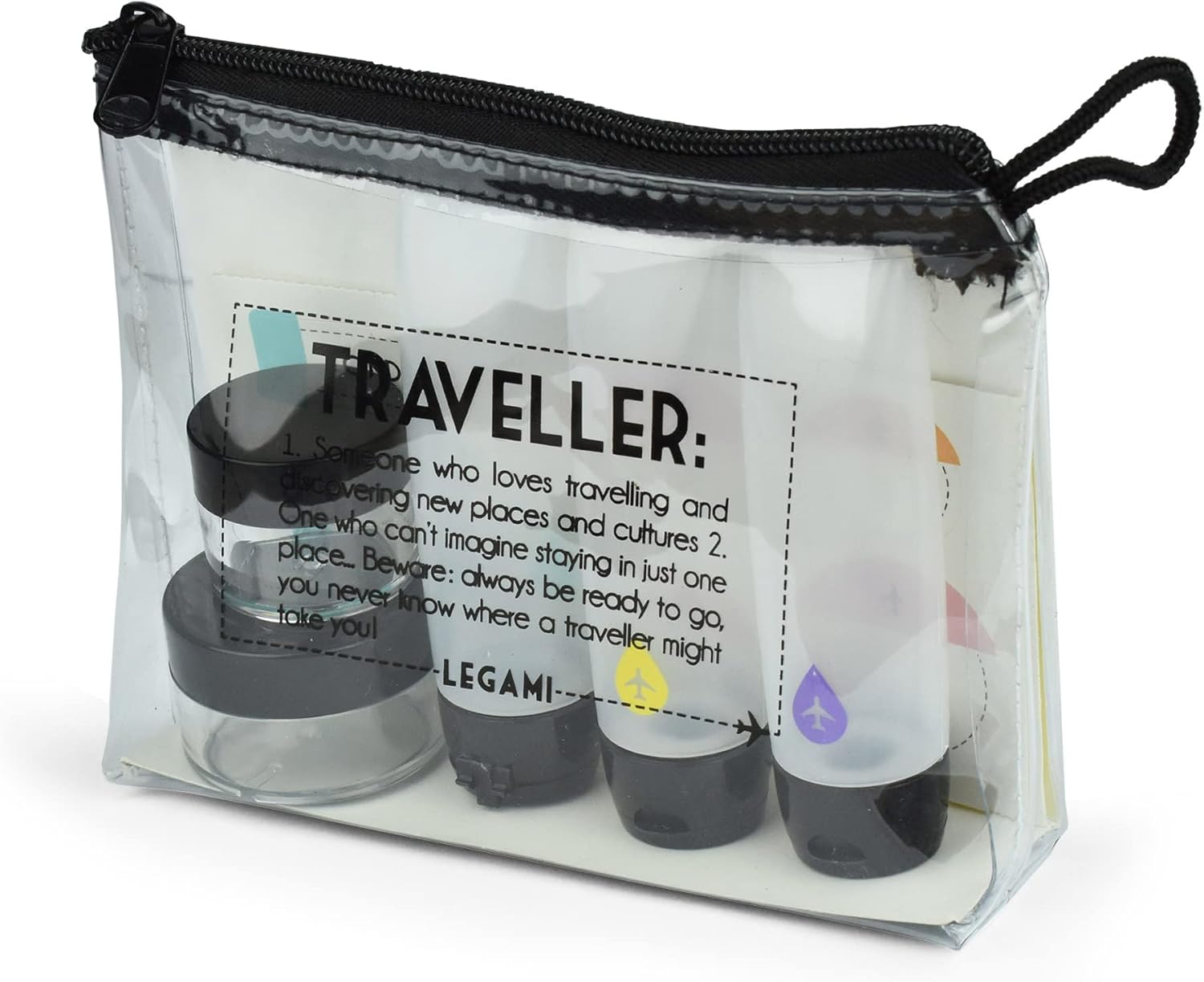 Legami - Traveller Set, Set da Viaggio, 15x11 cm, in Plastica, TPU, 1 Spatola, 3 Flaconi e 2 Barattoli Vuoti Conformi alle Norme Aeroportuali e un Foglio di Etichette Plastificate Personalizzabili