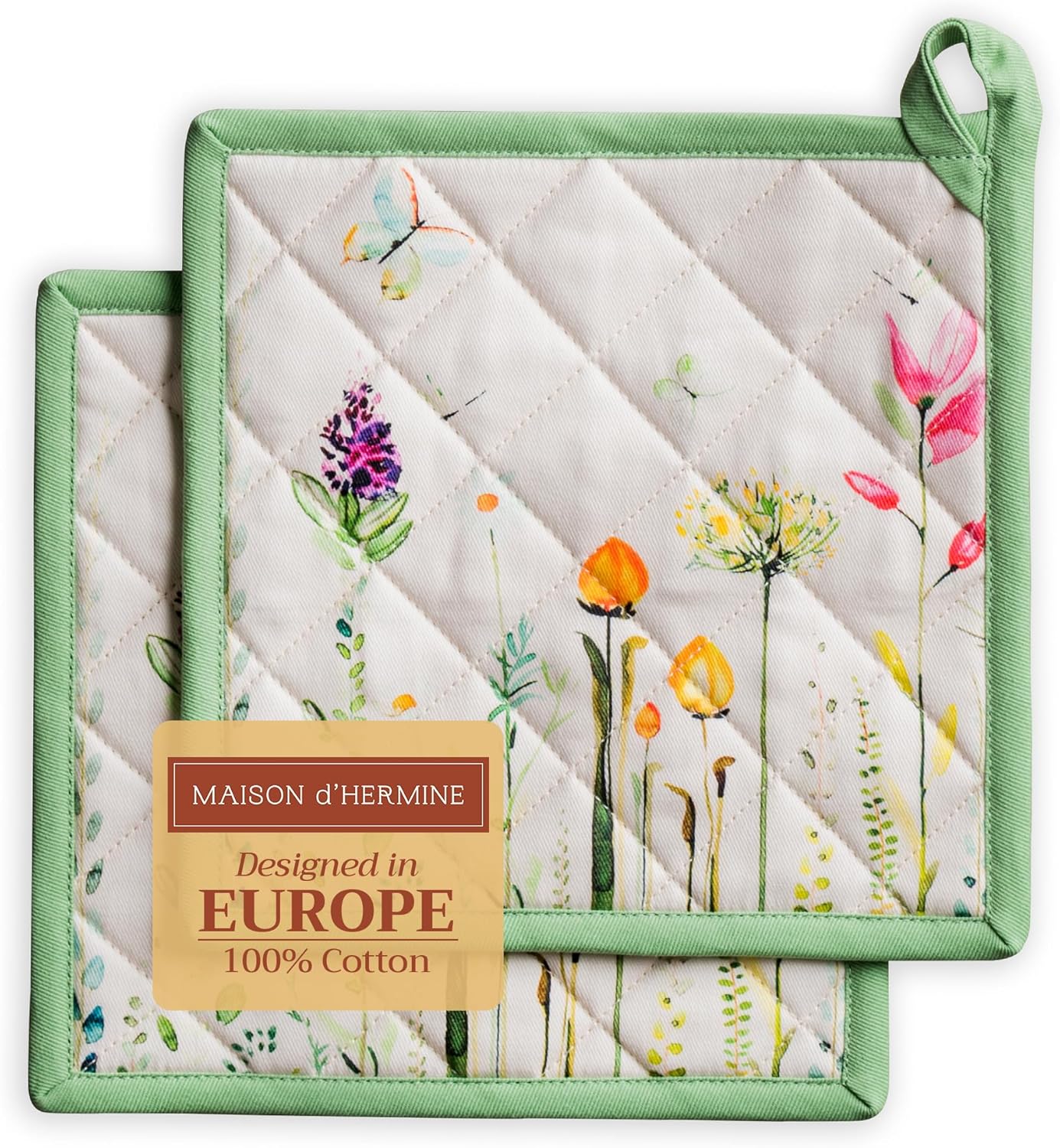Maison d' Hermine Botanical Fresh Set di 2 presine da barbecue, in 100% cotone, per cucinare, forno a microonde, grigliate, primavera/estate, Pasqua (20cm x 20cm)