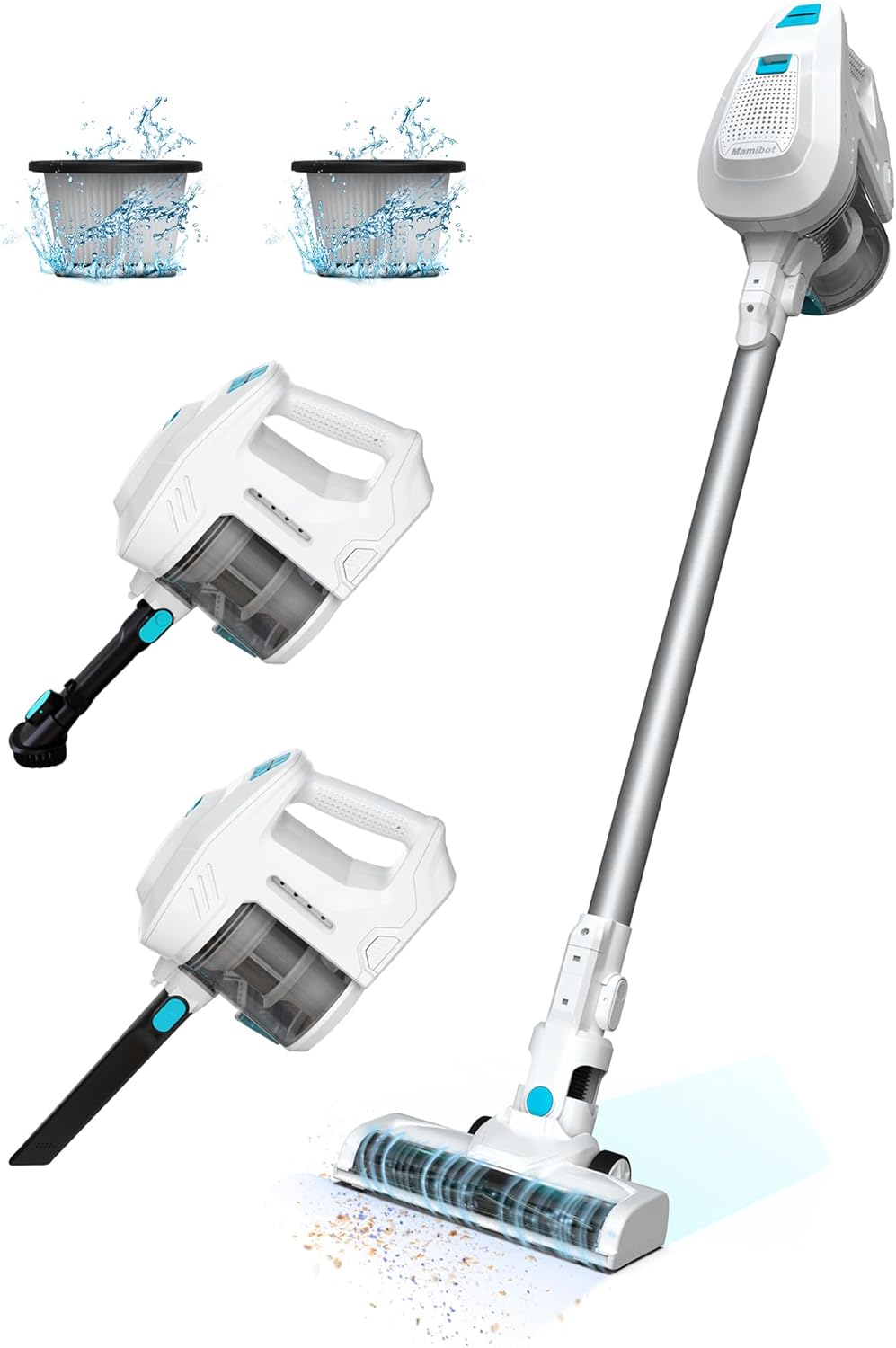 Mamibot Aspirapolvere Senza Fili,125W 12Kpa Scopa Elettrica Senza Fili Potente Risparmio energetico e leggero batteria da, di un filtro hepa per pavimenti duri