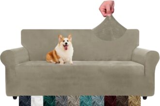 NC CHELZEN Copridivani in velluto Copridivano elasticizzato spesso a 3 posti per cani animali domestici Fodera per divano antiscivolo Protezione per mobili per soggiorno (3 Posto, Cachi)