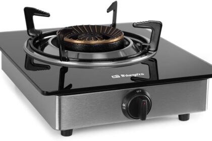 ORBEGOZO 17538 Fornello a Gas, Corpo Inox e Piano in Vetro temperato Nero (7 mm) FO 1720