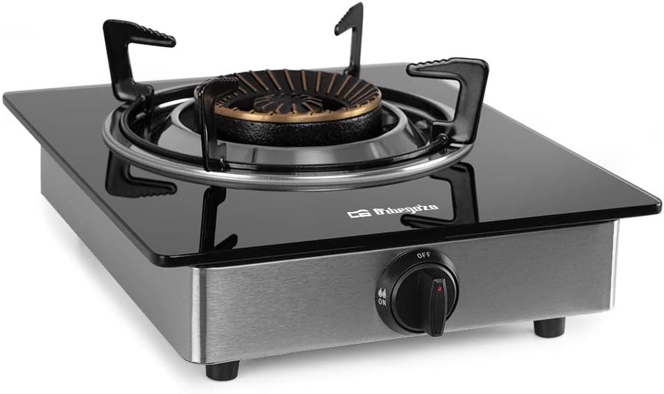 ORBEGOZO 17538 Fornello a Gas, Corpo Inox e Piano in Vetro temperato Nero (7 mm) FO 1720