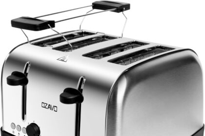 OZAVO Tostapane 1500W a 4 sezione in acciaio inox con il vassoio raccoglibriciole rimovibile per una facile pulizia. 7 Impostazione e 3 Funzioni di Cottura Argento&Nero.BPA FREE