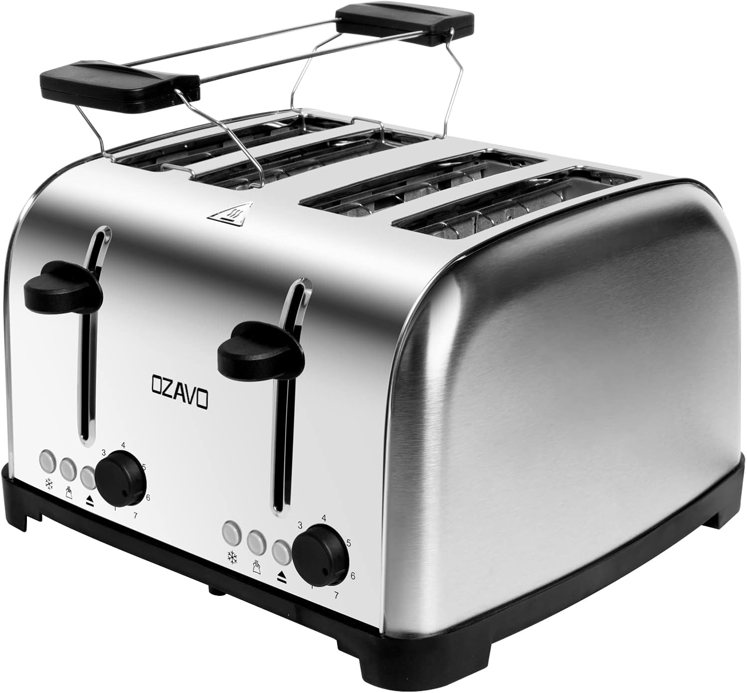 OZAVO Tostapane 1500W a 4 sezione in acciaio inox con il vassoio raccoglibriciole rimovibile per una facile pulizia. 7 Impostazione e 3 Funzioni di Cottura Argento&Nero.BPA FREE