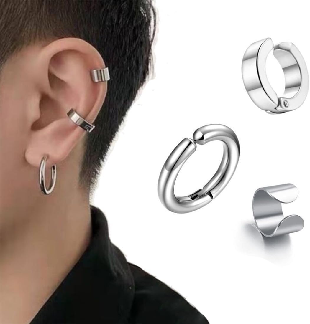 Orecchini uomo,3 Paia Orecchini da Uomo Donna in Acciaio Inossidabile,Clip Senza Buco Inossidabile cerchi orecchini non piercing clip on uomo in acciaio,Colore Argento Nero,Senza Buco,Orecchini finti