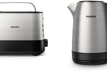 Philips Tostapane - 2 Fette, 7 impostazioni, Scongelamento e Scalda Brioche Integrato, Leva di Sollevamento + Philips Bollitore Elettrico - 1,7 L, Coperchio a Molla, Spia Luminosa, in Acciaio Inox