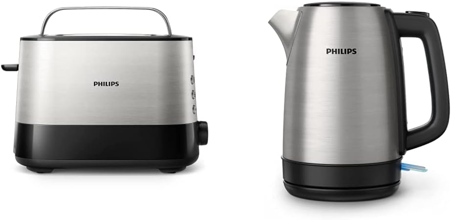 Philips Tostapane - 2 Fette, 7 impostazioni, Scongelamento e Scalda Brioche Integrato, Leva di Sollevamento + Philips Bollitore Elettrico - 1,7 L, Coperchio a Molla, Spia Luminosa, in Acciaio Inox
