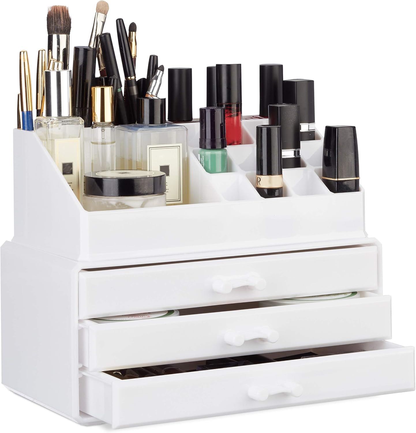 Relaxdays Portatrucchi, 2 Organizer Combinabili, Portaoggetti per Cosmetici con Cassetti, Multiuso, Versatile, Bianco