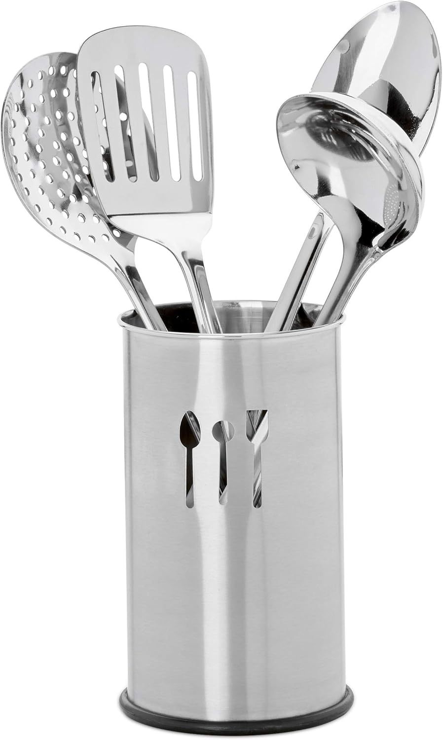 Relaxdays Porta Utensili da Cucina, Set da 5 Accessori, 4 Mestoli, Portaposate, Portamestoli, Kit in Acciaio, Argento, Inox