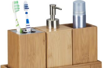 Relaxdays Set Accessori da Bagno, Porta Spazzolini e Portasapone 4 Parti Bambù, Contenitori da Lavandino, Marrone Chiaro