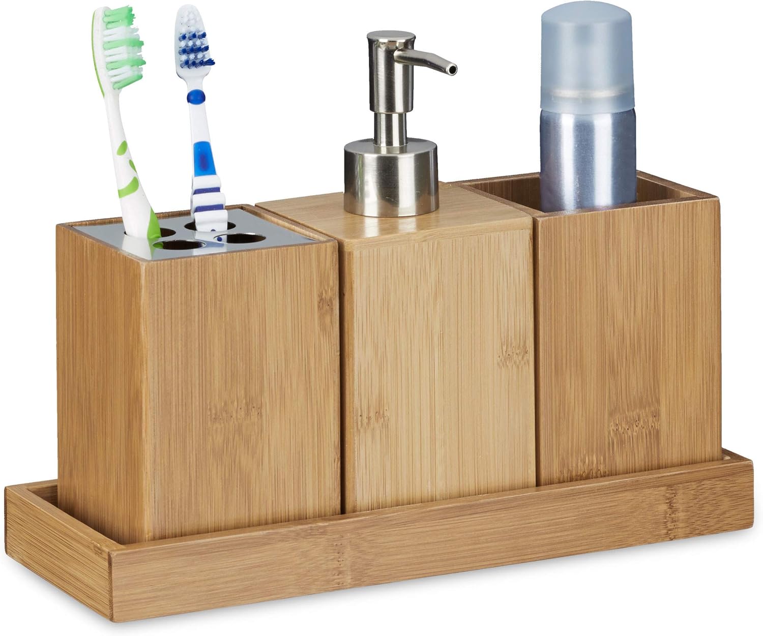 Relaxdays Set Accessori da Bagno, Porta Spazzolini e Portasapone 4 Parti Bambù, Contenitori da Lavandino, Marrone Chiaro