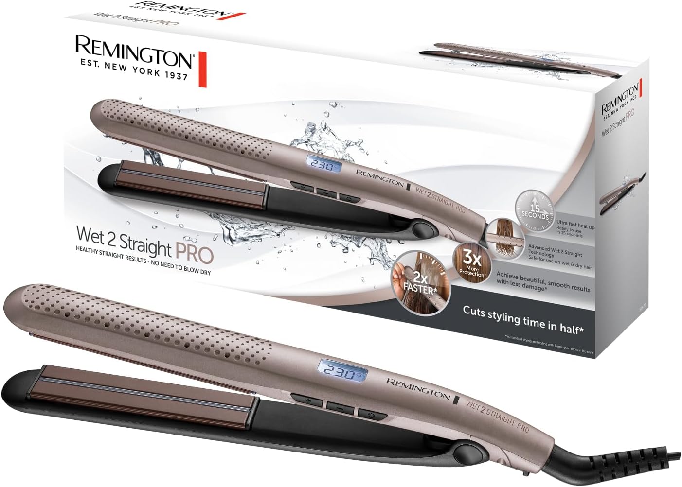 Remington Piastra per Capelli - Uso da bagnato e asciutto - Per asciugare e lisciare, Esclusivo sistema di ventilazione, sensore di umidità, display LCD, 140-230°C, Wet2Straight Pro S7970