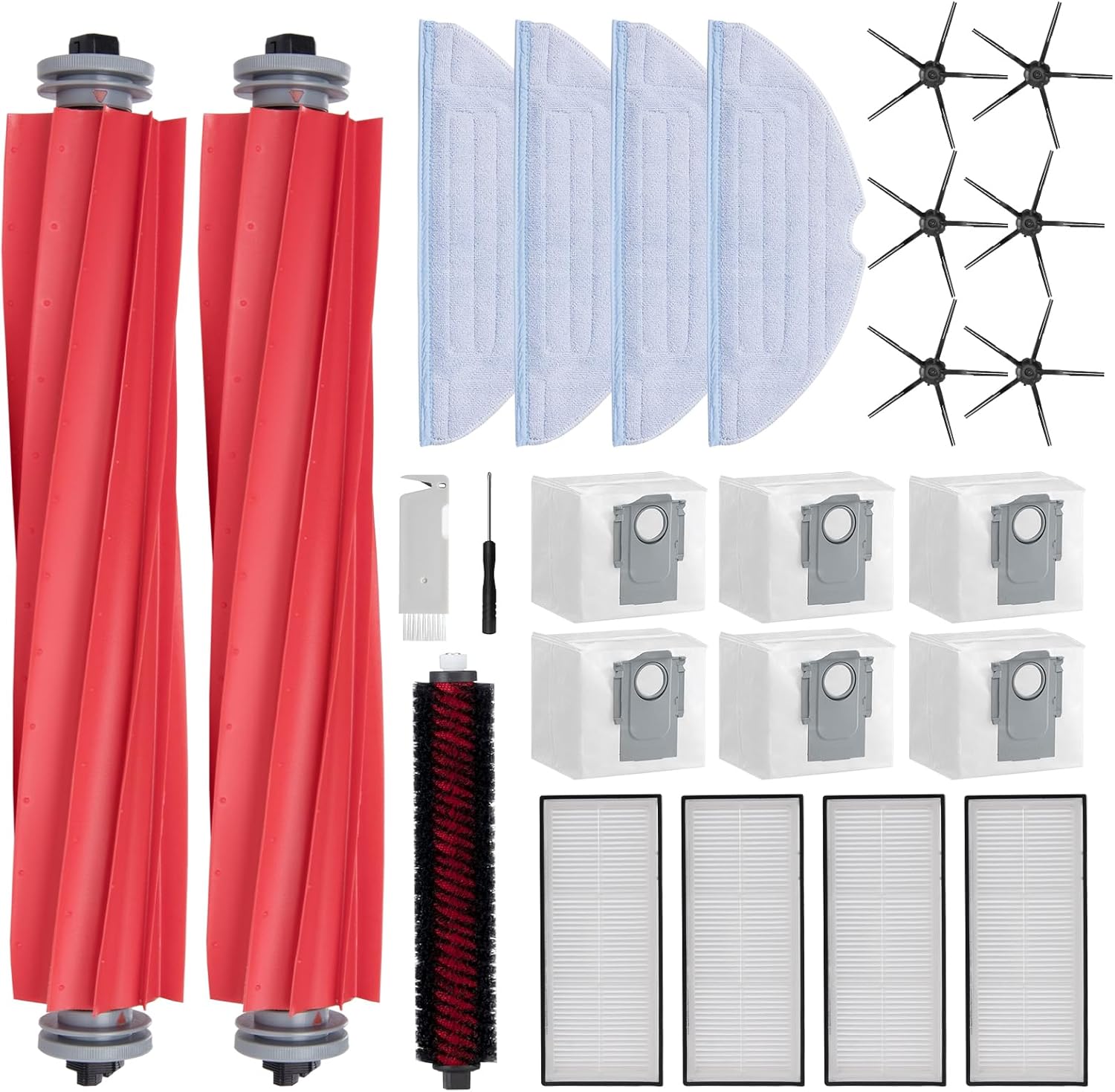 Rrochio Kit di Accessori per roborock S7 MaxV Ultra, Set Ricambi per Aspirapolvere S7 Pro Ultra con 4 Panni Mop, 6 Sacchetti, 2 Spazzola Principale 1 a rullo e 6 Laterali, 4 Filtri Hepa, 25 Pezzi