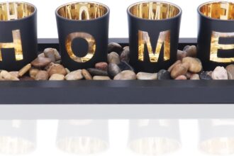 Set portacandele, include 4 bicchieri in vetro, pietre naturali e vassoio in legno per decorazioni da tavola per la casa (Home)