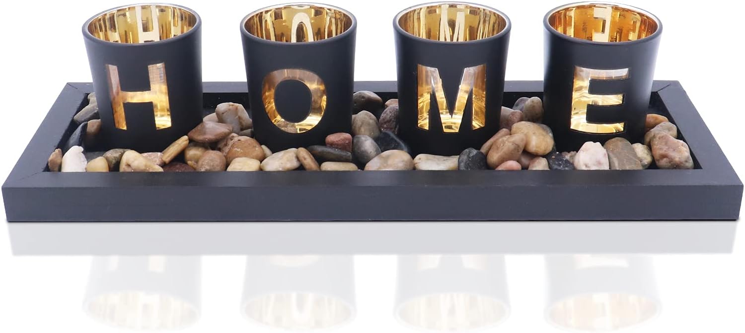 Set portacandele, include 4 bicchieri in vetro, pietre naturali e vassoio in legno per decorazioni da tavola per la casa (Home)