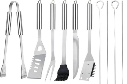 11Pcs Kit BBQ Accessori Barbecue Professionale In Acciaio Inox, Pratico Utensili Barbecue Attrezzi Con Borsa Portatile, Set Barbecue Accessori Regalo Uomo Cortile Campeggio All'aperto Cucina Picnic