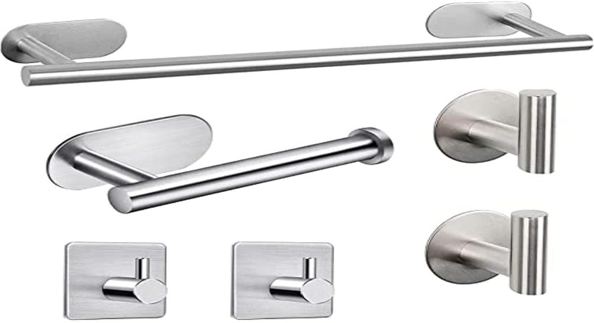 6 pezzi set di accessori da bagno, 40 cm Porta asciugamani Barra senza trapano + Portarotolo per carta igienica + 4 Gancio adesivo per parete, 304 acciaio inossidabile/finitura spazzolata