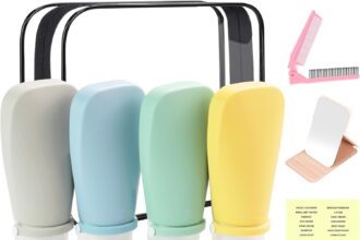 HEYMKGO Bottiglie da viaggio in silicone per articoli da toeletta, set da 90 ml con etichette, include specchio e pettine pieghevole, kit da viaggio ricaricabile, bottiglie vuote da spremere per