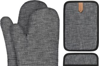 BONTHEE Presine Guanti da forno Set di guanti da forno resistenti al calore con guanti da cucina a strisce in silicone antiscivolo per cucinare e cuocere - Set di 4 - Grigio