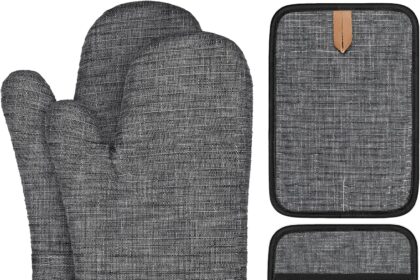 BONTHEE Presine Guanti da forno Set di guanti da forno resistenti al calore con guanti da cucina a strisce in silicone antiscivolo per cucinare e cuocere - Set di 4 - Grigio