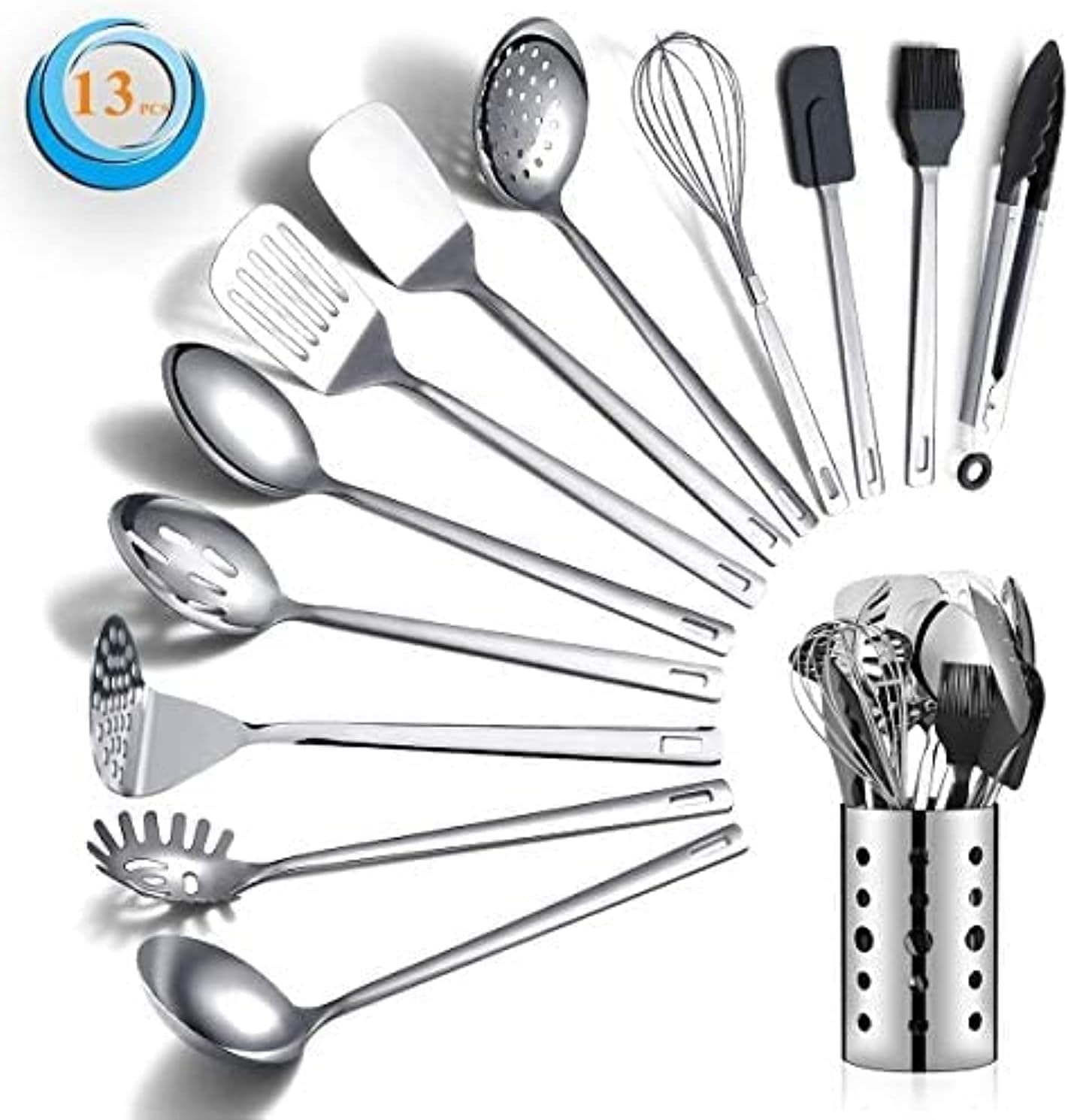 Berglander Set di utensili da cucina in acciaio inossidabile 13 pezzi, set di cucchiai da cucina con porta utensili antiaderente e resistente al calore, lavabile in lavastoviglie