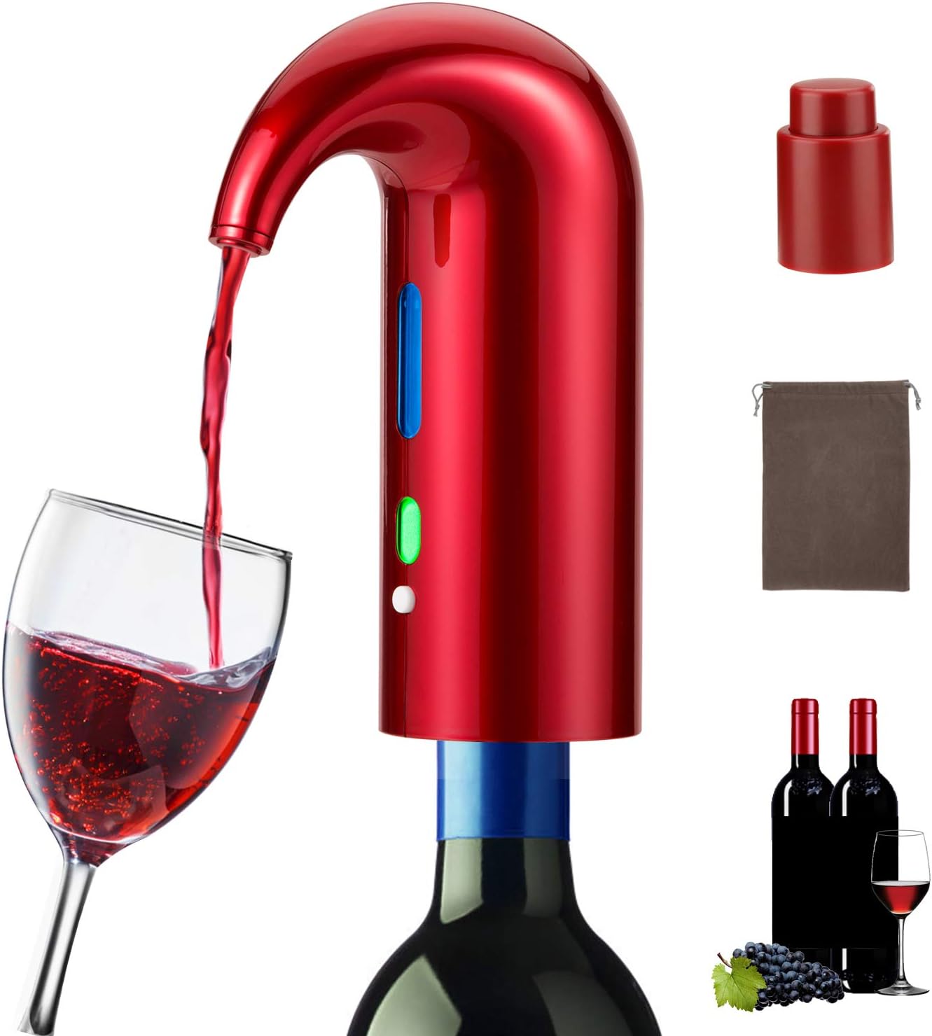 SisDruo Aeratore di Vino Elettrico, Decanter Portatile One-touch Wine Pourer, Distributore di Ossidante per Vino con Ricaricabile USB, Accessori per Vino Rosso per Viaggi, Casa e Bar (Red)