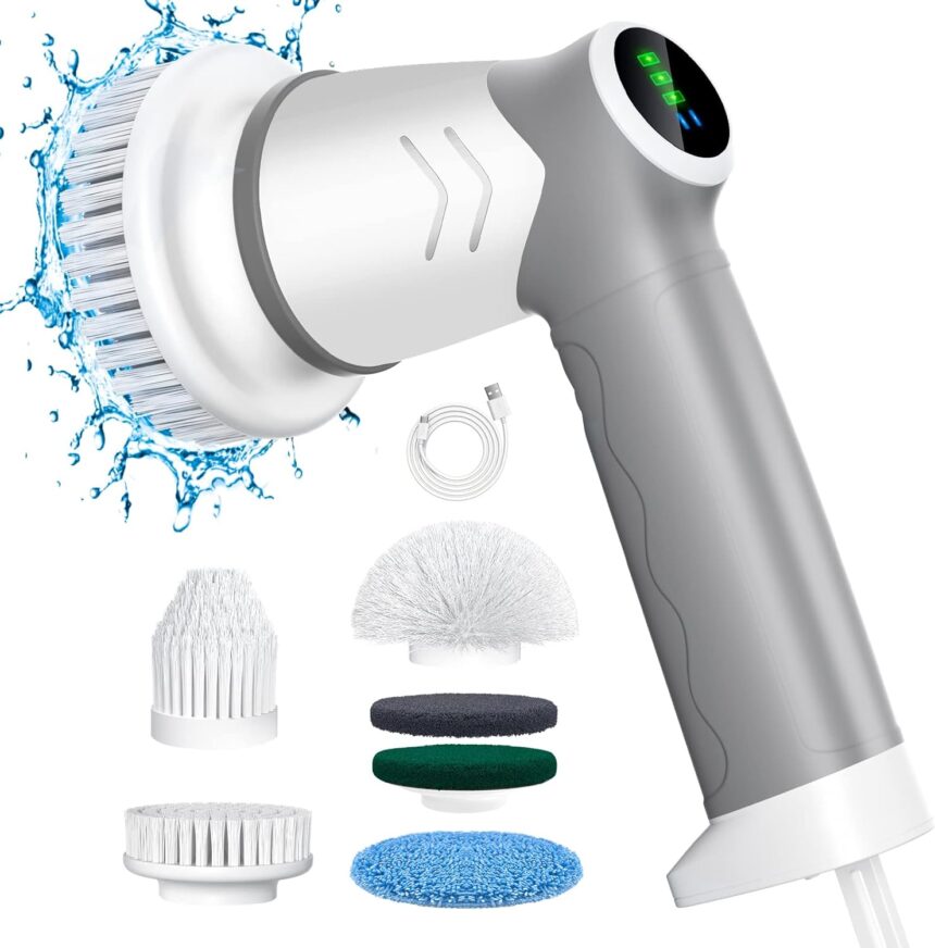 Spazzola Elettrica per Pulizia Con 5 Testine Sostituibili - Scrubber Senza Fili per Bagno/Cucina/Parete/Piastrelle - Display a LED