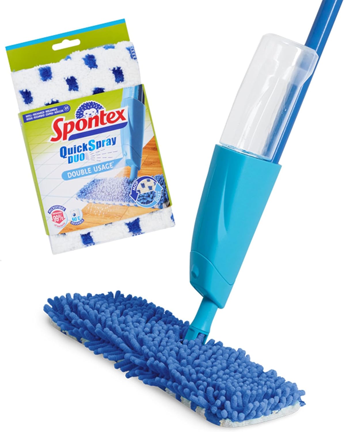 Spontex Mop a spruzzo piatto Quick Spray Duo con panni lavabili in microfibra | Pulisce pavimenti in laminato, legno e piastrelle | Testa reversibile No-Touch