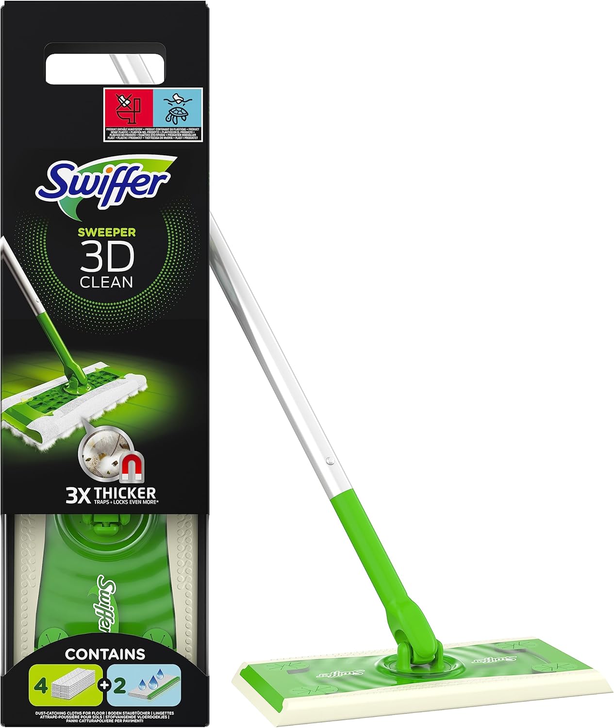 Swiffer 3D Scopa e Lavapavimenti, 1 Manico, 4 Panni Cattura Polvere e 2 Panni Lavapavimenti, Cattura Polvere e Sporco, Ottimo per Tutti i Tipi di Pavimenti e per i Peli di Animali