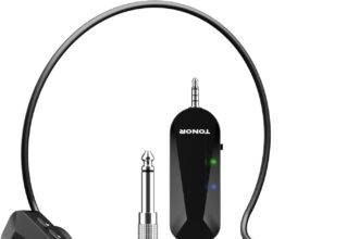 TONOR Microfono Wireless ad Archetto, UHF Microfoni Senza Fili con 20 Canali, Mic Ricaricabile con Trasmissione Wireless a 20m, per Amplificatore Vocale, Fitness, Insegnamento, Tour, Sistema PA